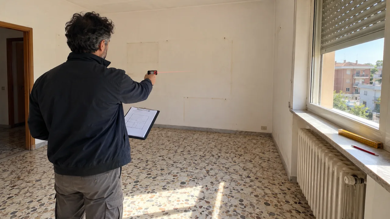 Geometra che esegue il rilievo di un appartamento ad Aprilia prima di presentare la pratica edilizia