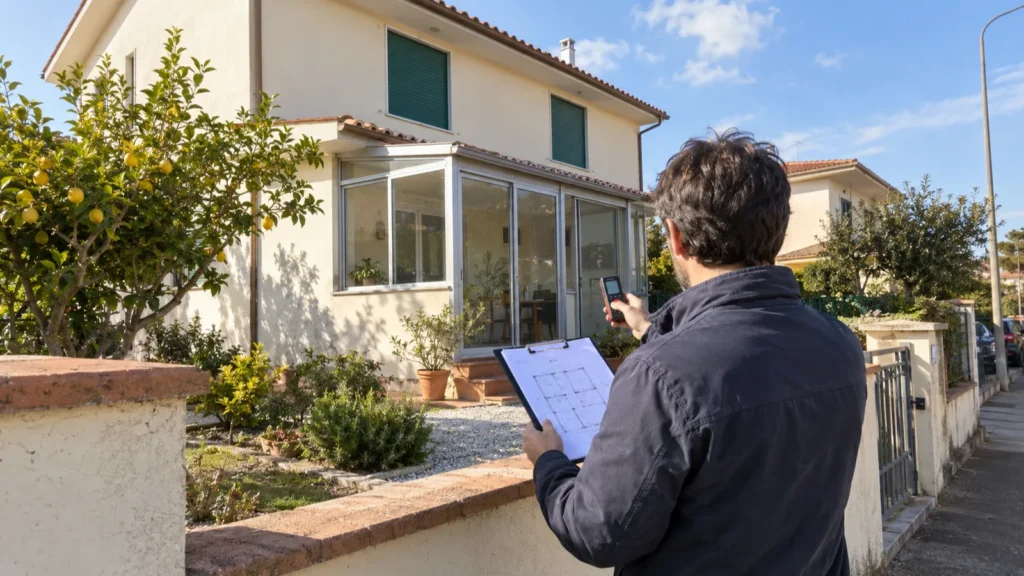 Tecnico che confronta la planimetria con una veranda chiusa su una casa ad Aprilia prima della sanatoria edilizia